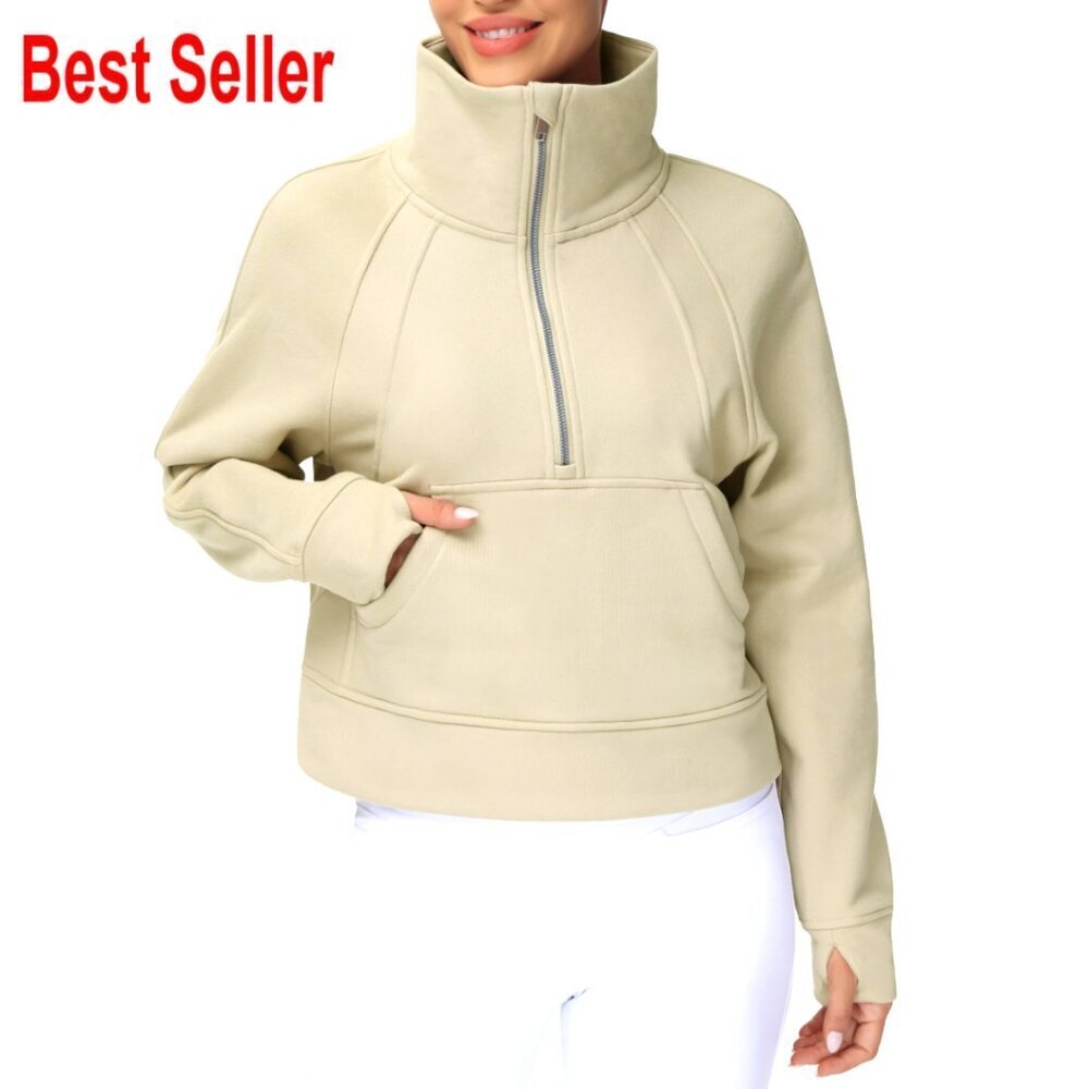 Women's Half Zip Fleece Crop Sweatshirt with Pockets Thumb Holes